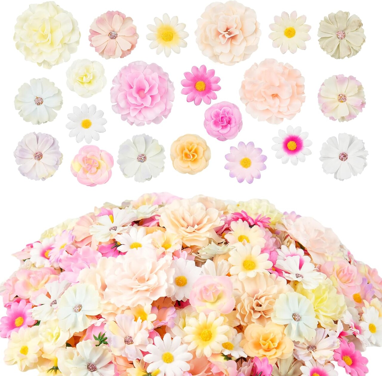 210 Pcs Mini Silk Flower Heads – Bulk Faux Roses, Daisies & Sunflowers for Crafts & Décor